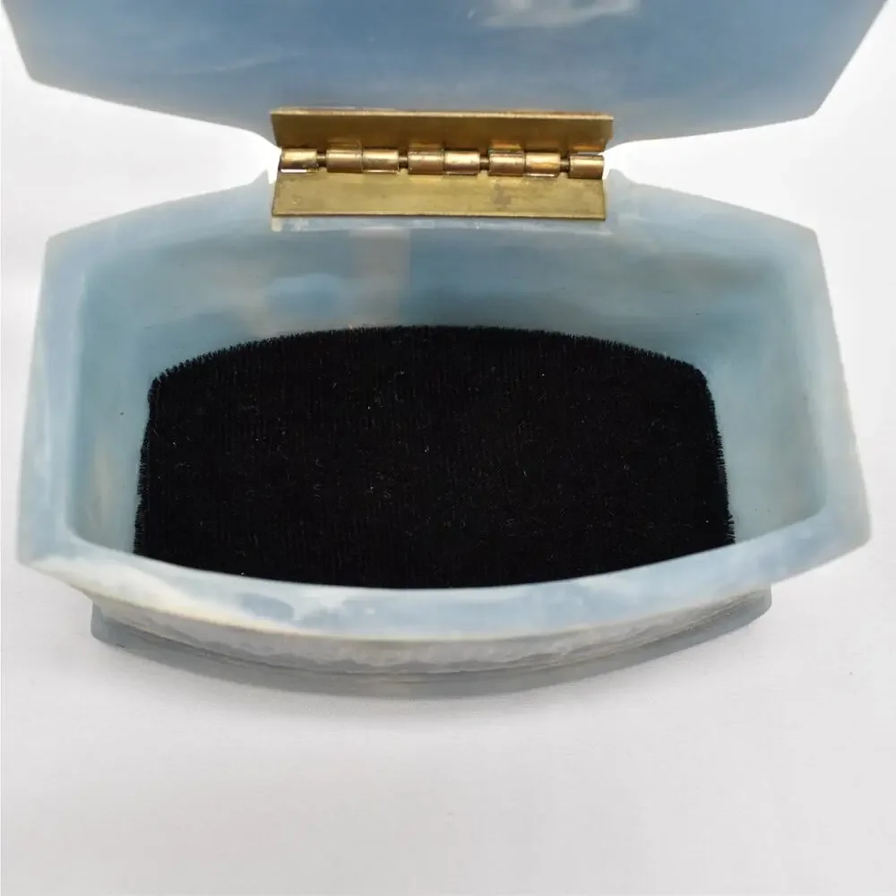Vintage Genuine Incolay Stone Jewelry Box Blue Cream Marbled Trinket Keepsake